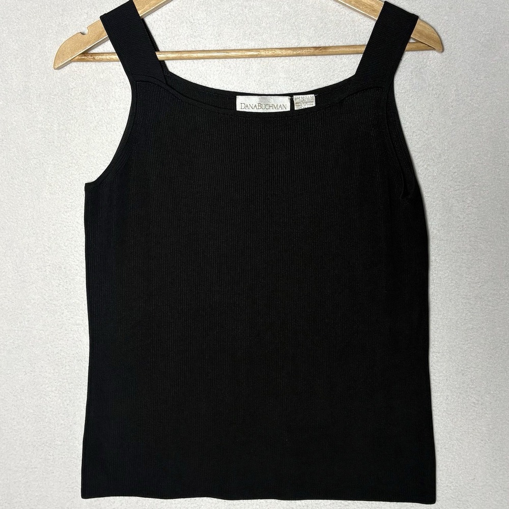 Vintage Dana Buchman 100% Silk Top Knit Tank Black Ribbed Square Neck Womens L